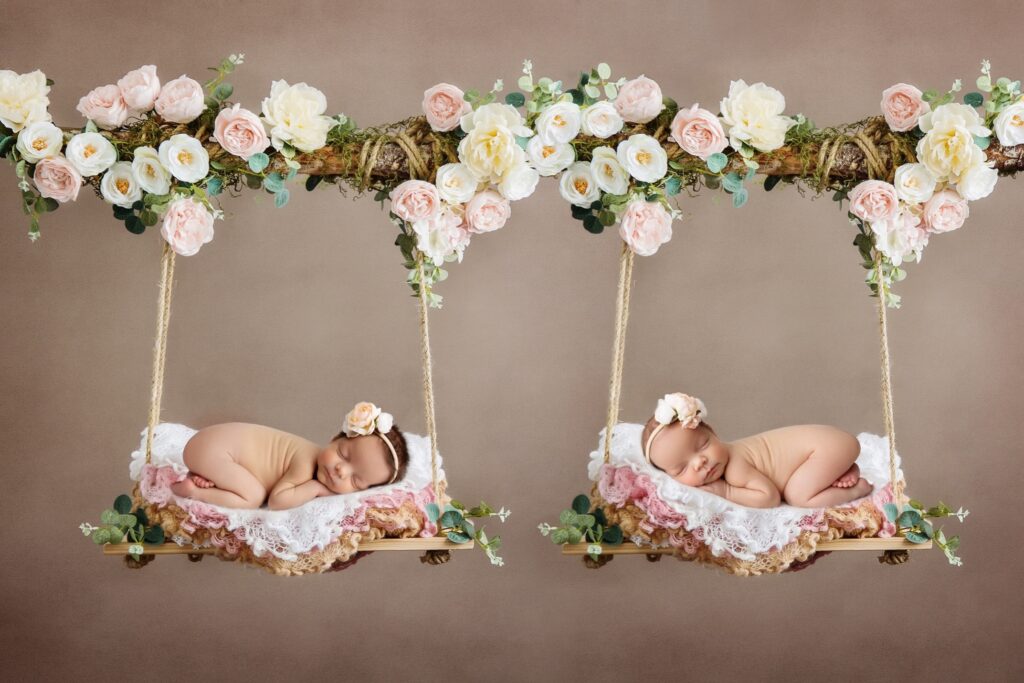 twin babies sleeping in floral swings