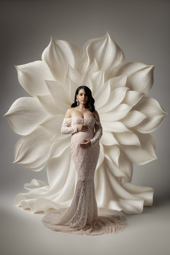 Luxury fine art maternity portrait with floral installation in Toronto studio